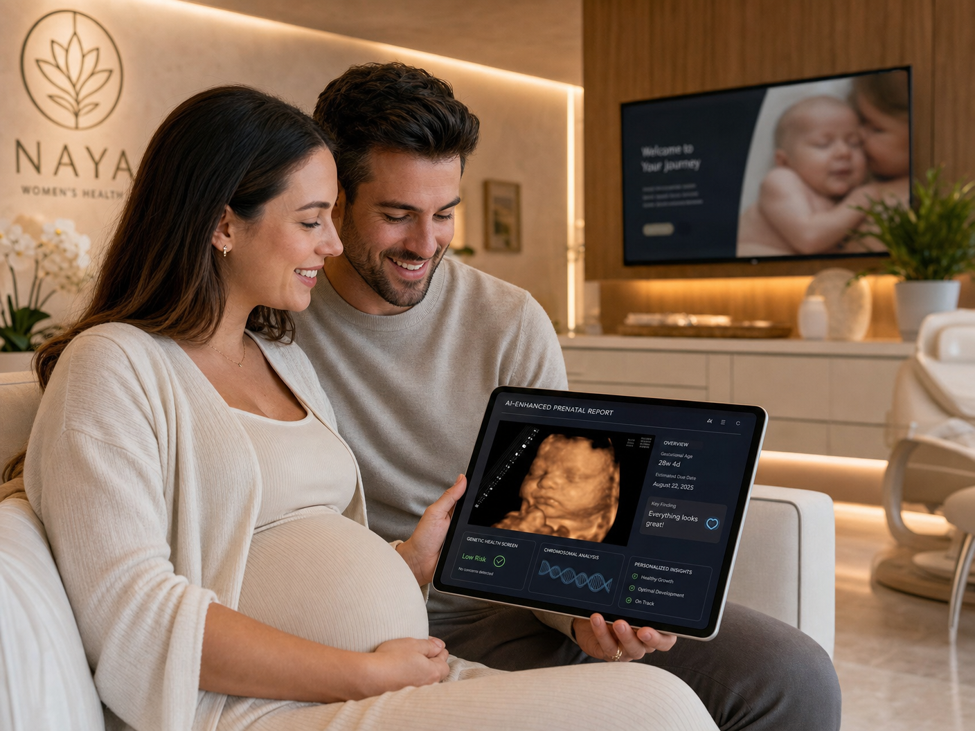 Casal visualizando relatório pré-natal com tecnologia genômica