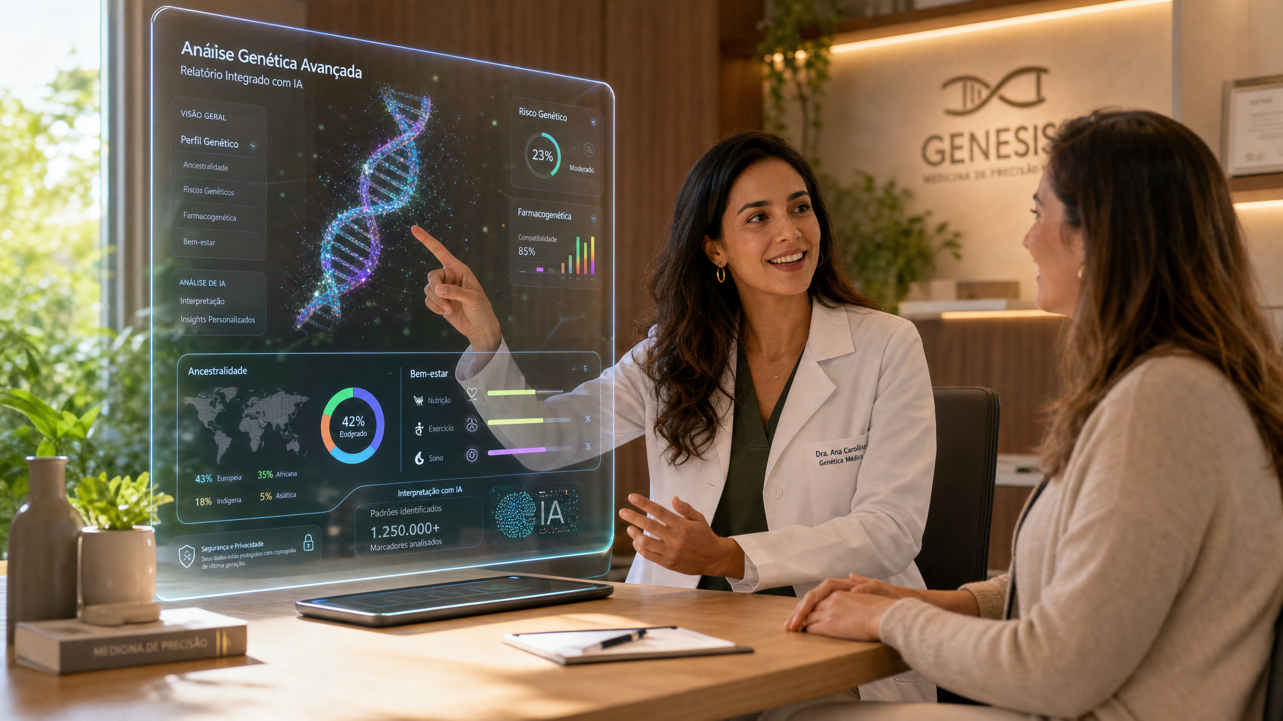 Médica apresentando análise genética avançada com IA